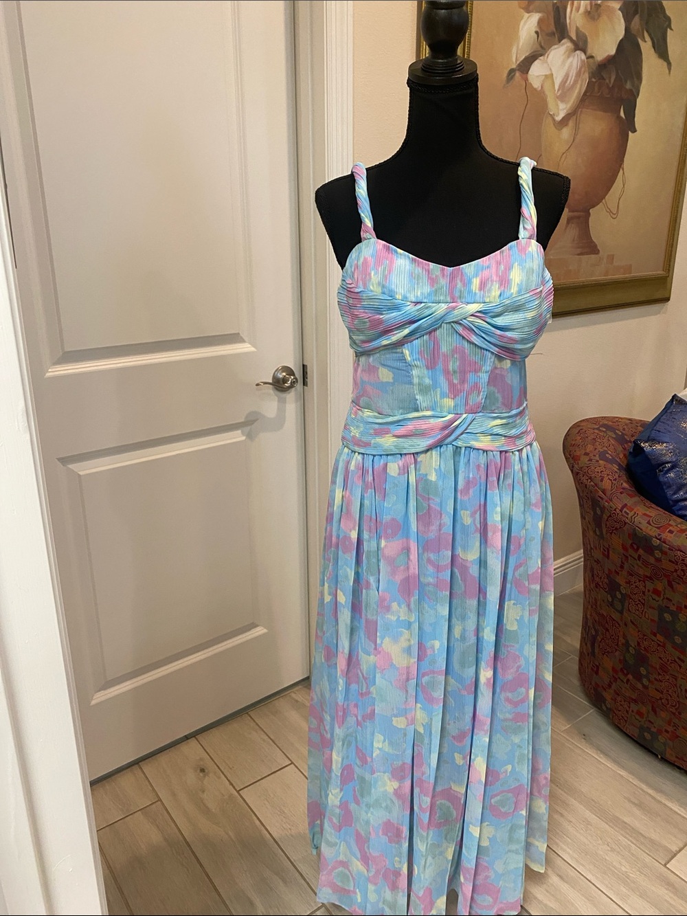 J Mendel Pastel Floral Midi Dress with Twist-Front Bodice - Blue & Pink